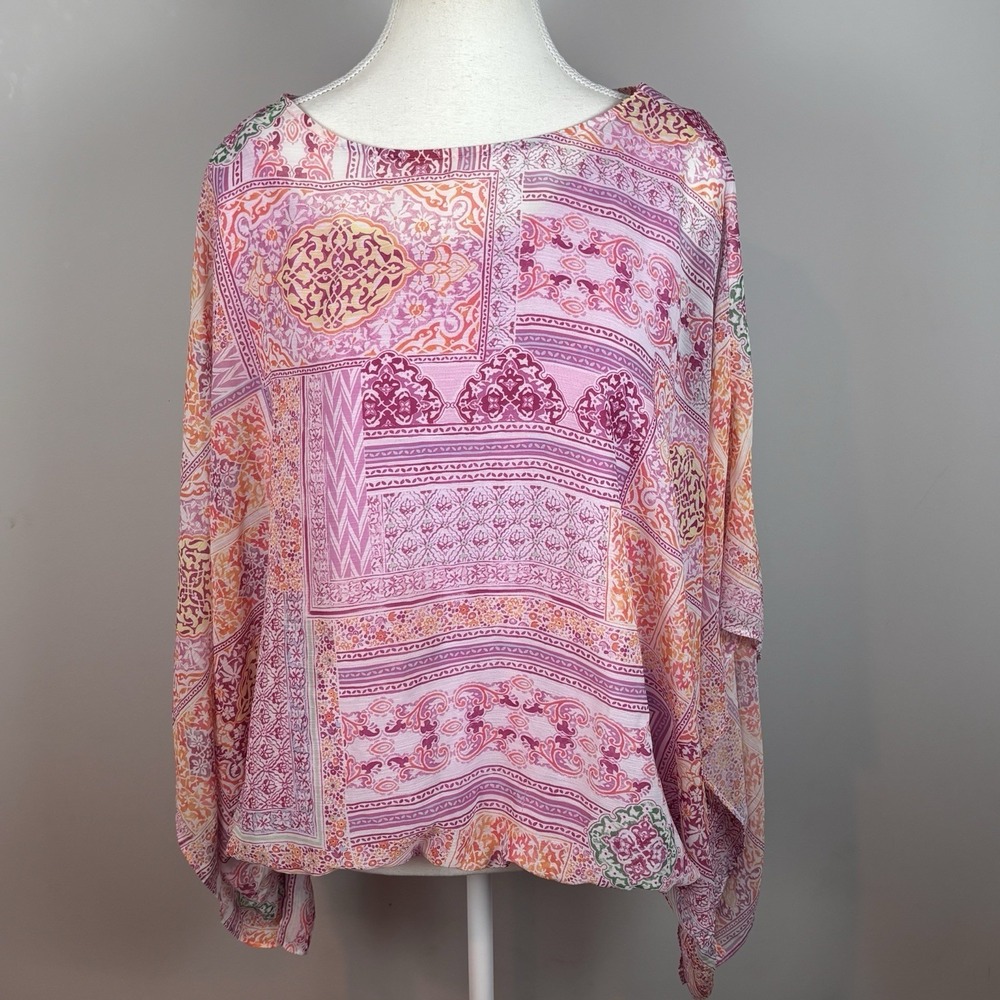 Chicos Kimono Pink Paisley Bubble Hem Top Women's 3 (16-18) Resort Cruise Lined